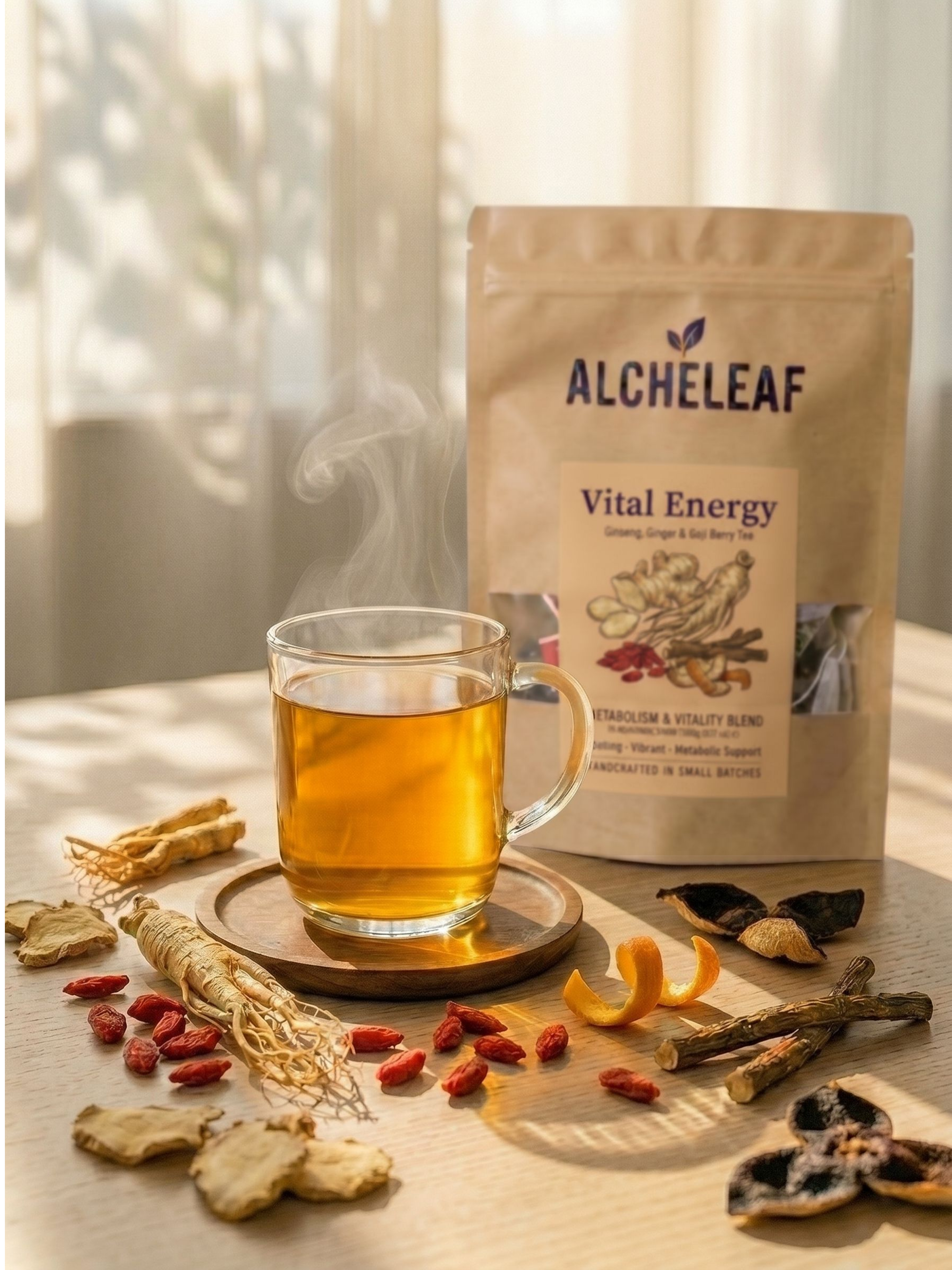 Alcheleaf Ginseng Ginger Goji Berry Tea - Natural Energy Herbal Tea